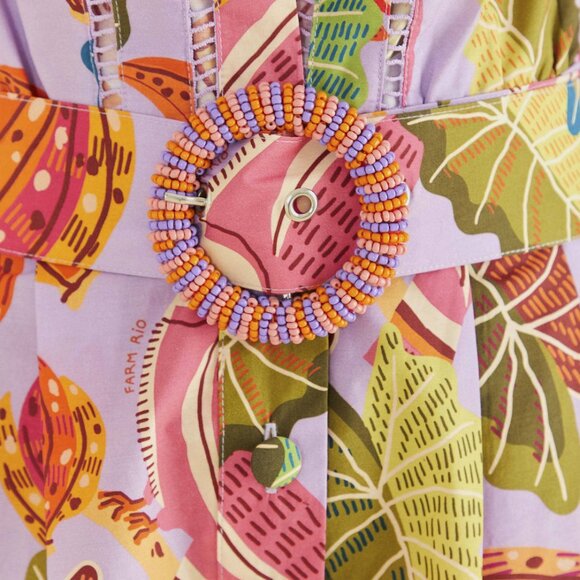 NWT Farm Rio Beaks & Bananas Ruffle Belted Romper Lilac l Medium l MSRP $200 - Picture 5 of 7